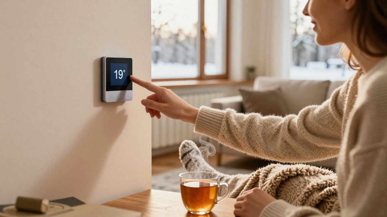 Pessoa ajusta termostato digital na parede, com uma xícara de chá e cobertor em ambiente aconchegante.