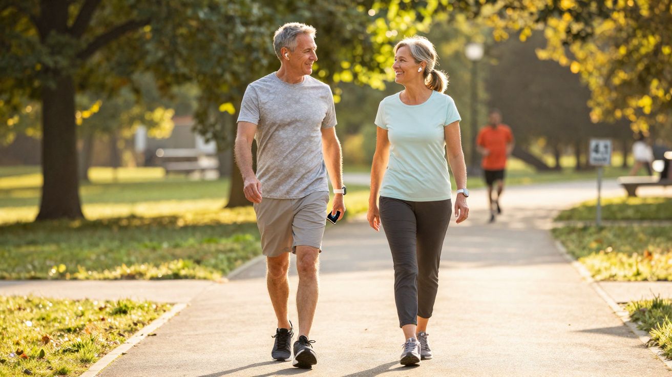Casal de idosos caminhando e conversando em parque ensolarado com árvores ao fundo.