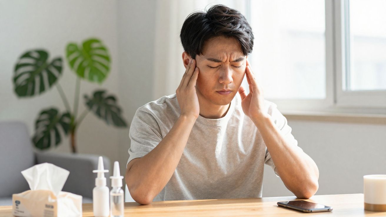 Homem sentado com expressão de dor segurando as têmporas, ao lado de medicamentos e lenços em uma mesa.
