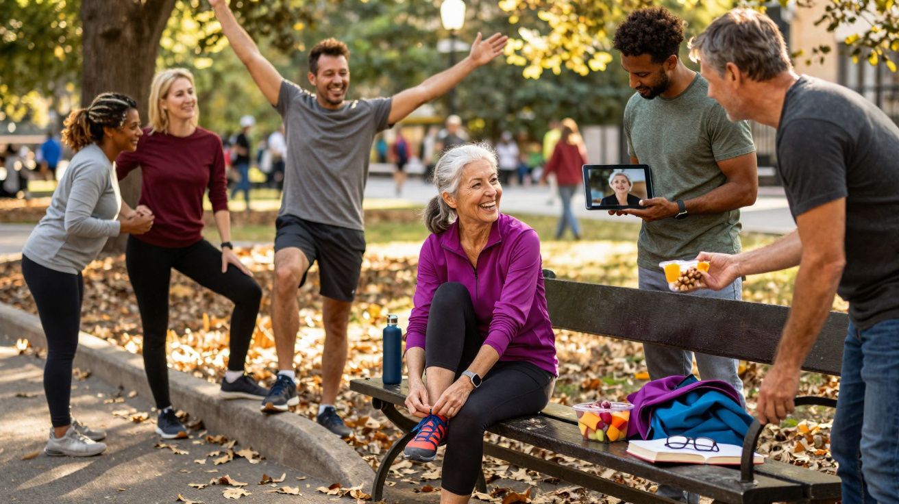 Grupo diversificado se exercitando ao ar livre no parque em um dia ensolarado de outono.