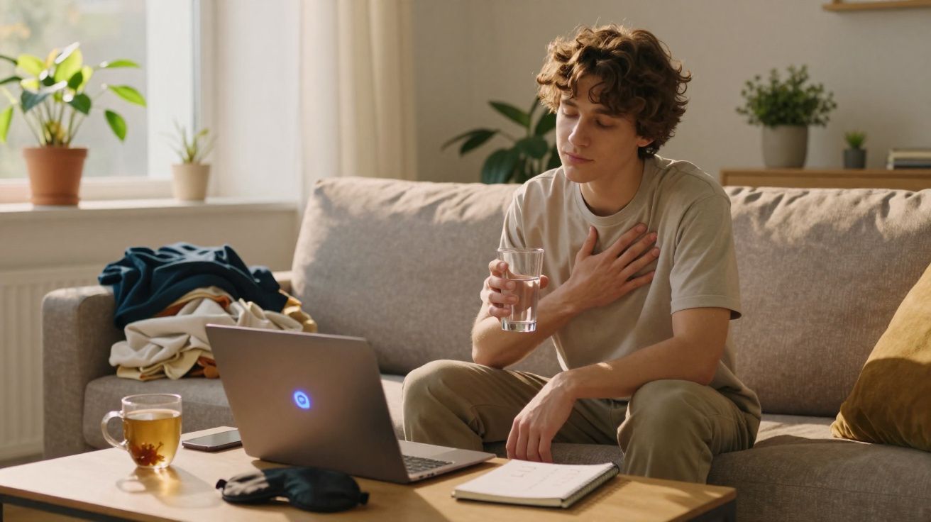 Jovem sentado no sofá segurando copo de água e mão no peito, com laptop e caderno na mesa à frente.