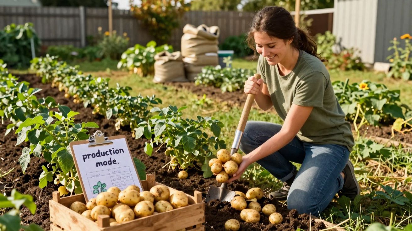 Mulher colhendo batatas em plantação, com caixa cheia e placa de modo de produção ao lado.