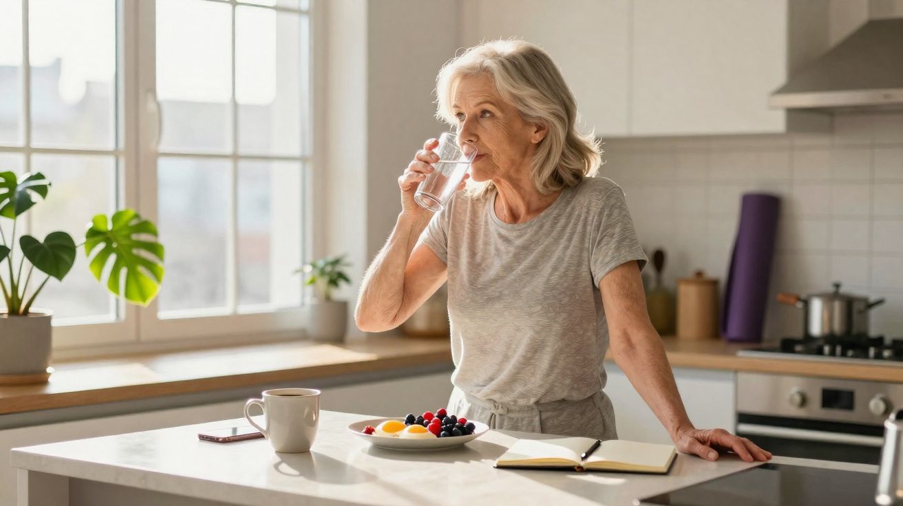 Mulher idosa em cozinha moderna bebendo água com frutas, caneca e caderno sobre bancada iluminada.