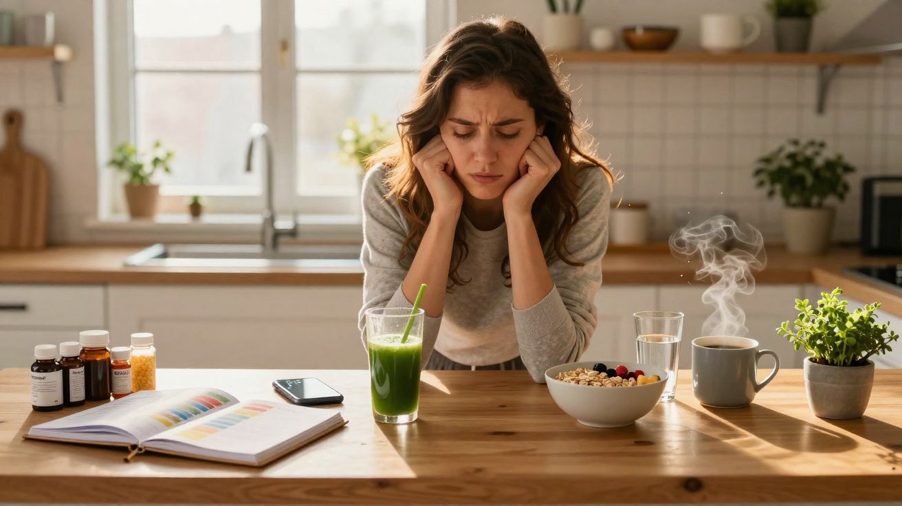 Mulher preocupada sentada à mesa com remédios, suco verde, comida, livro aberto e café na cozinha iluminada.
