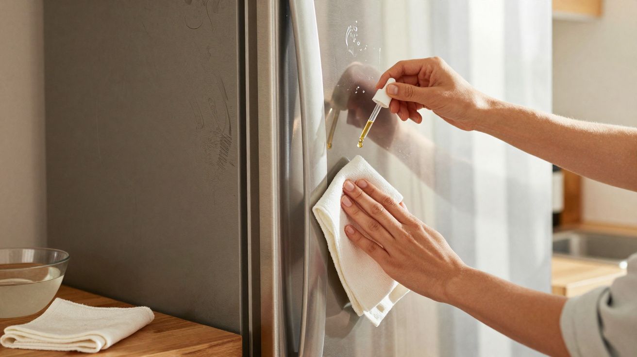 Pessoa aplicando óleo com conta-gotas e limpando porta de geladeira inox com pano branco.