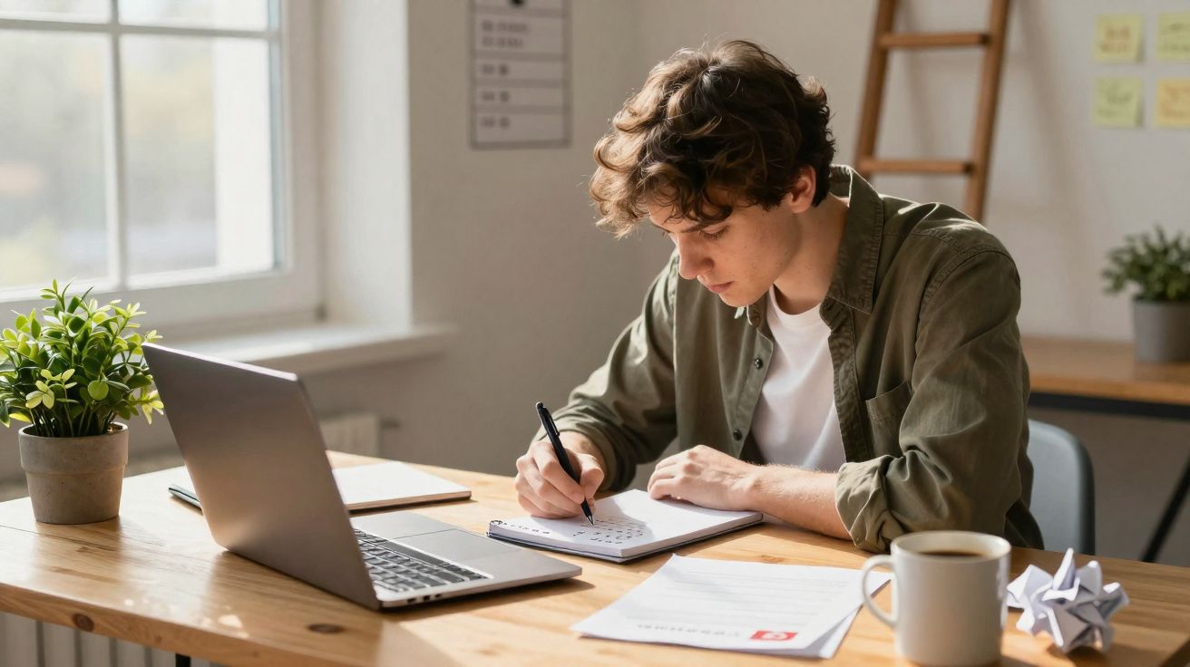 Jovem sentado à mesa escrevendo em caderno, com laptop, plantas e xícara de café à sua frente.