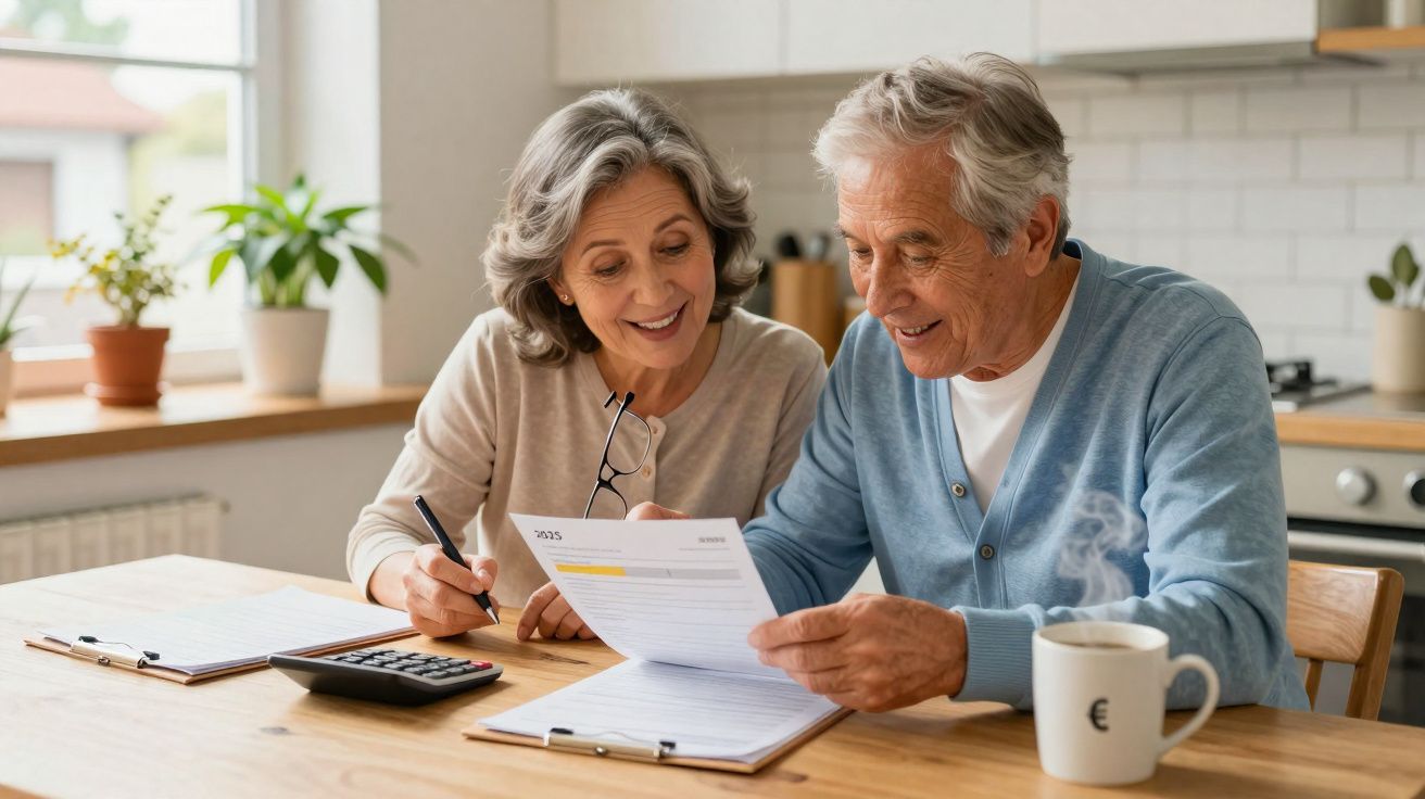 Casal idoso sentado à mesa analisando documentos e calculando contas na cozinha.