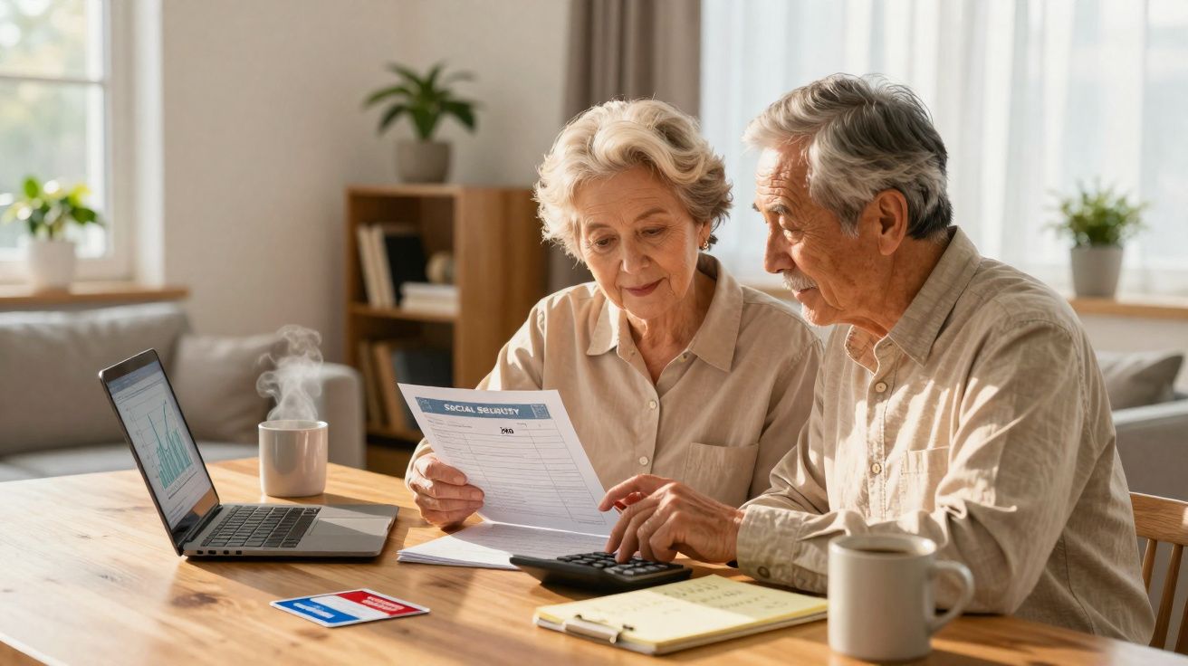 Casal idoso sentado à mesa, analisando documentos e usando calculadora, com laptop e xícaras ao redor.