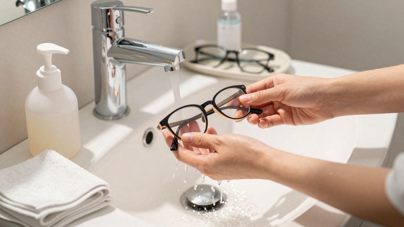 Pessoa lavando óculos com armação preta em pia branca com torneira, sabonete líquido e toalha branca.