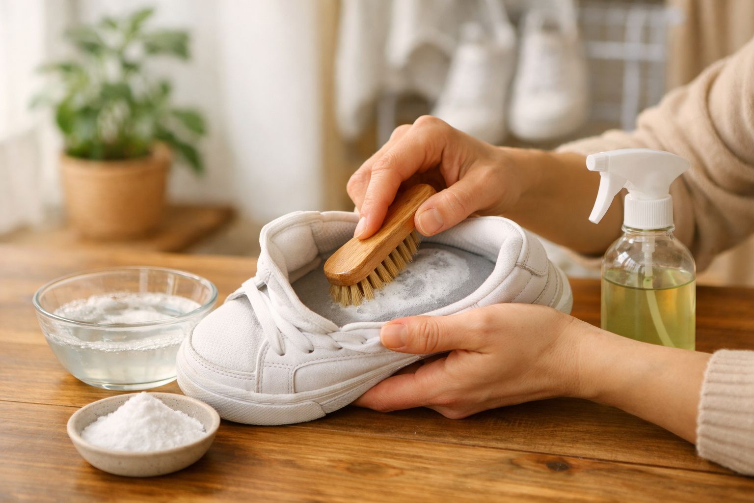 Pessoa limpando tênis branco com escova, spray e bicarbonato em mesa de madeira.