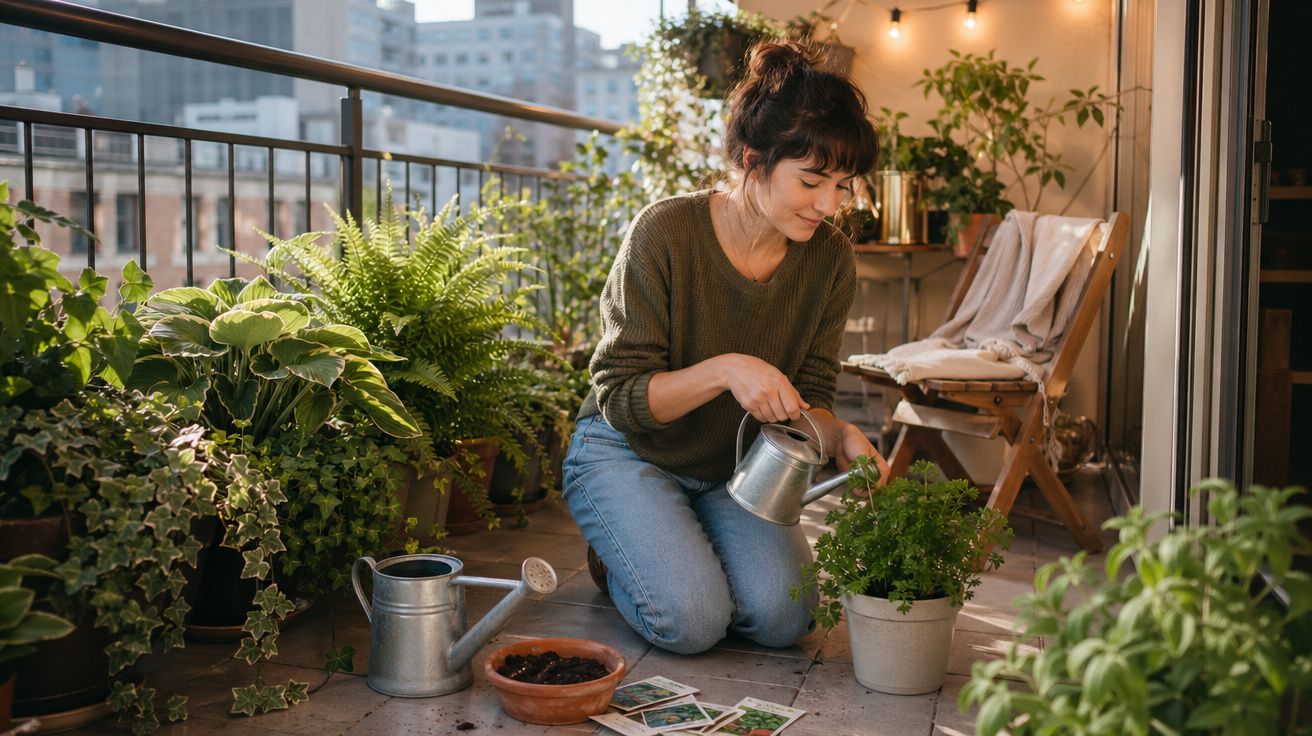 Mulher regando plantas em varanda ensolarada com várias plantas e cadeira ao fundo.