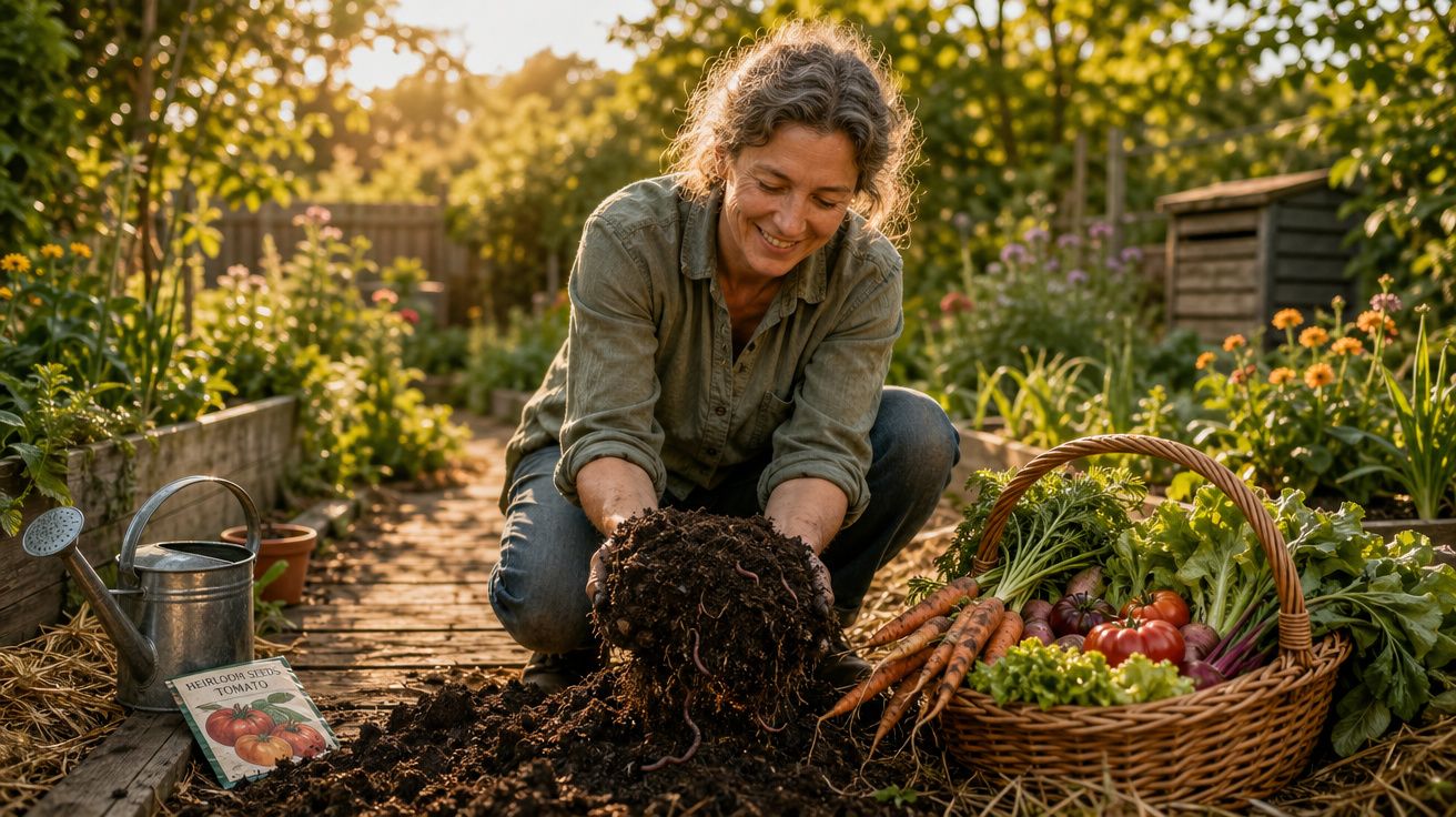 Mulher sorridente jardineira manuseia terra e vegetais frescos em cesta no jardim ensolarado.