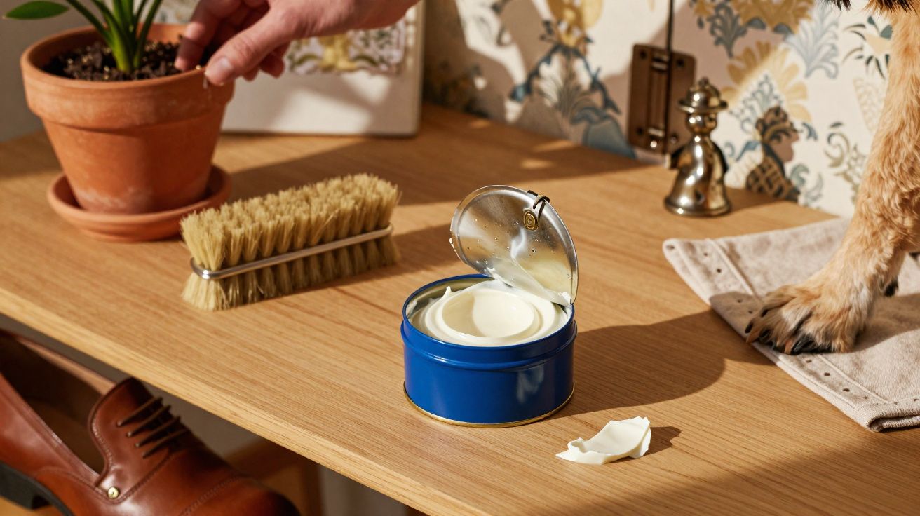 Pote aberto de creme para sapatos azul, escova, planta, mão regando e pata de cachorro sobre mesa de madeira.