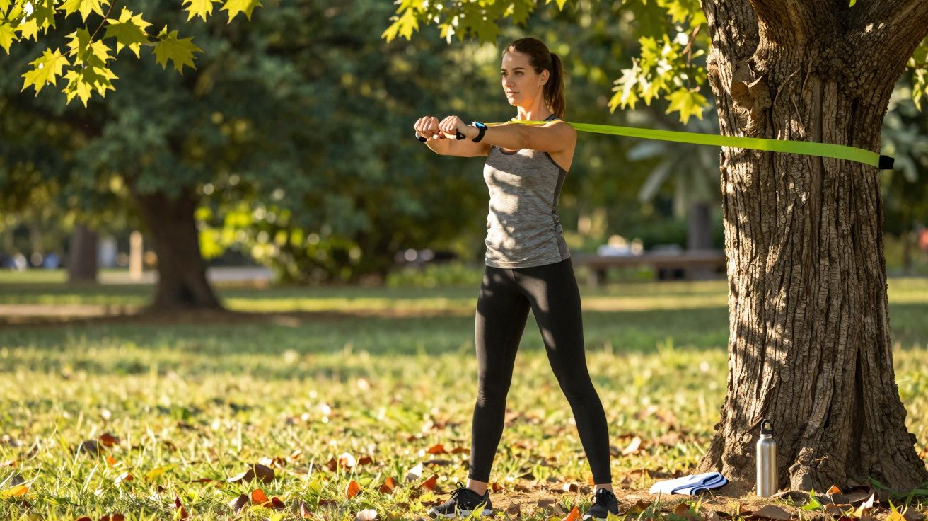 Mulher exercitando com faixa elástica presa em árvore em parque ensolarado.