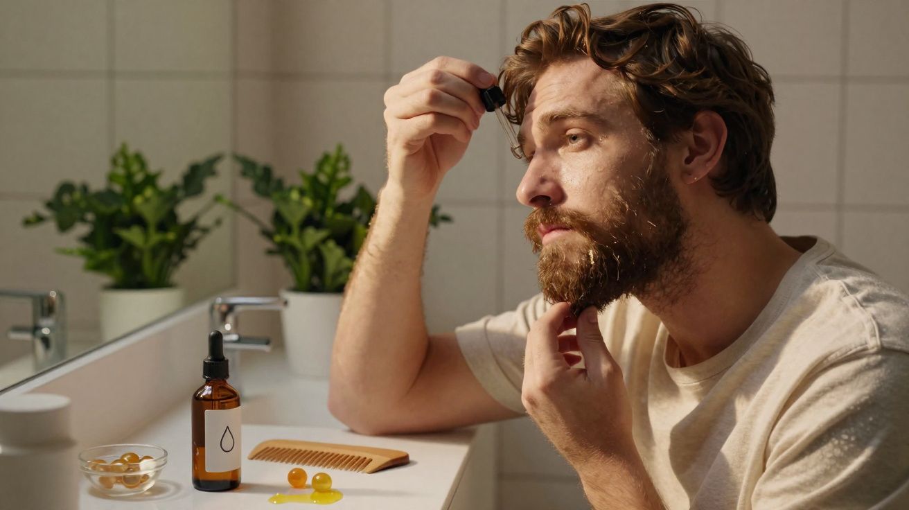Homem aplicando óleo na barba sentado em banheiro com plantas ao fundo.
