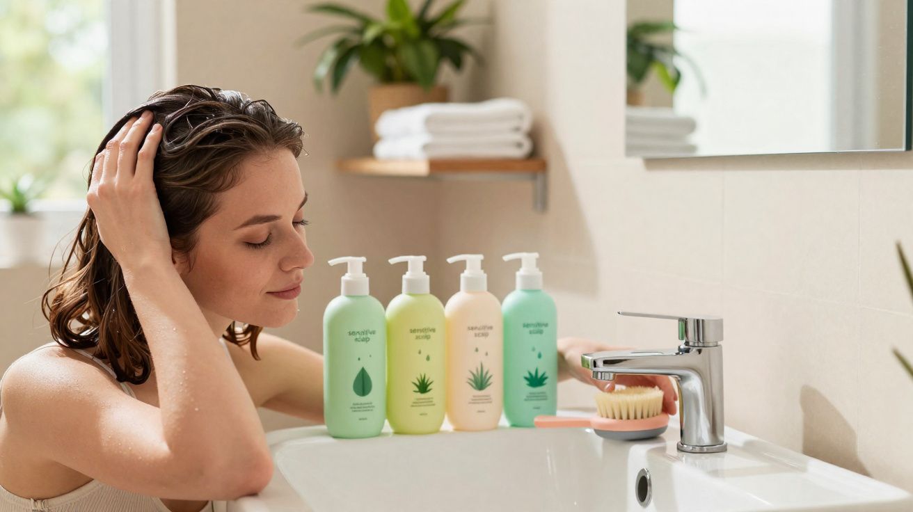 Mulher cuidando do cabelo no banheiro com frascos de produtos de beleza ao lado da pia.