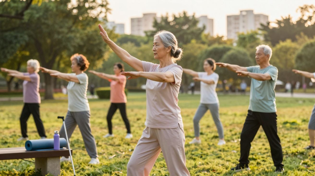 Grupo de idosos praticando tai chi ao ar livre em parque urbano ao entardecer.