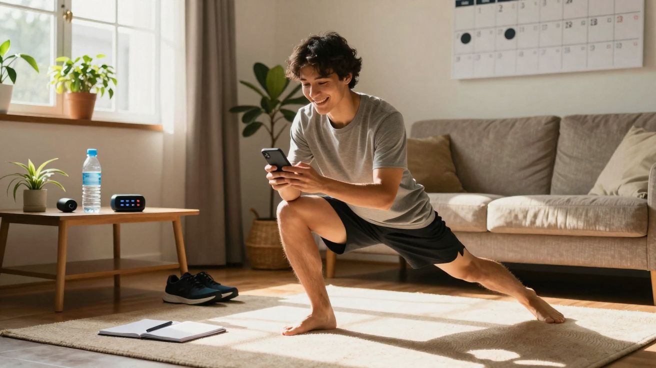 Jovem fazendo alongamento em sala iluminada enquanto usa celular e está descalço em tapete.