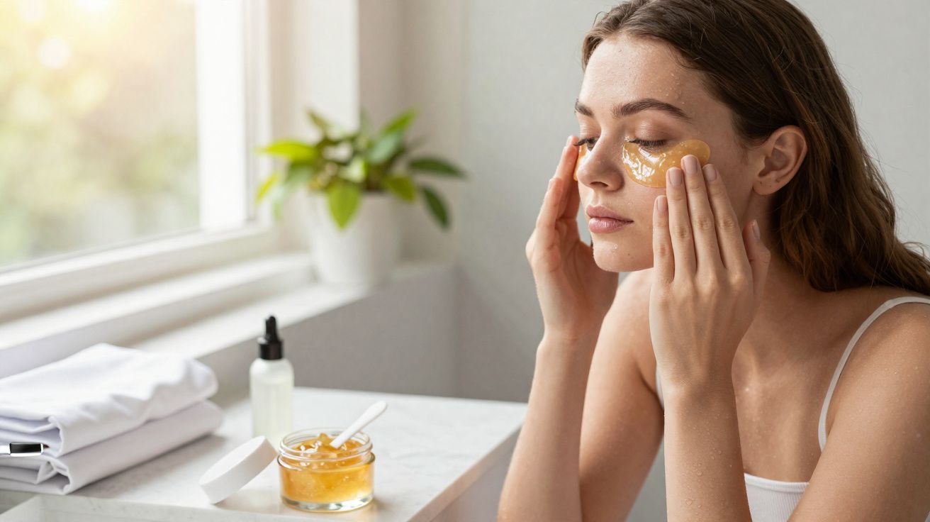Mulher aplicando máscara facial dourada sob os olhos em ambiente iluminado próximo a janela.