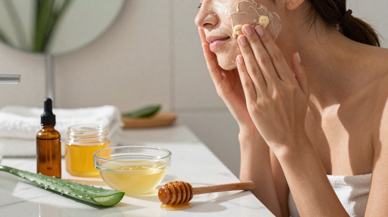 Mulher aplicando máscara facial natural com mel e aloe vera na pele no banheiro.