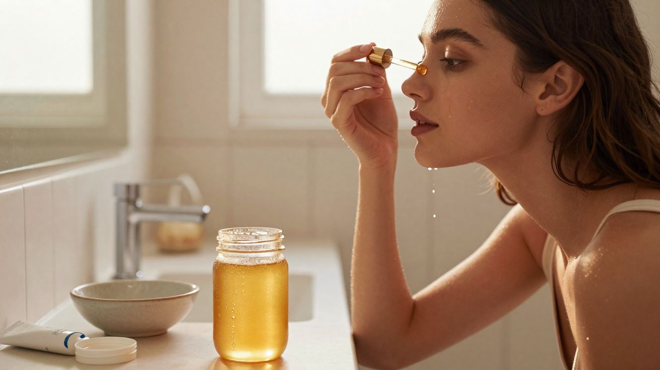Mulher aplicando sérum facial com conta-gotas em ambiente de banheiro claro e clean.