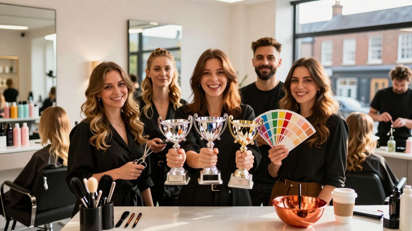 Equipe de cabeleireiros sorrindo, segurando troféus e paleta de cores em salão de beleza moderno.