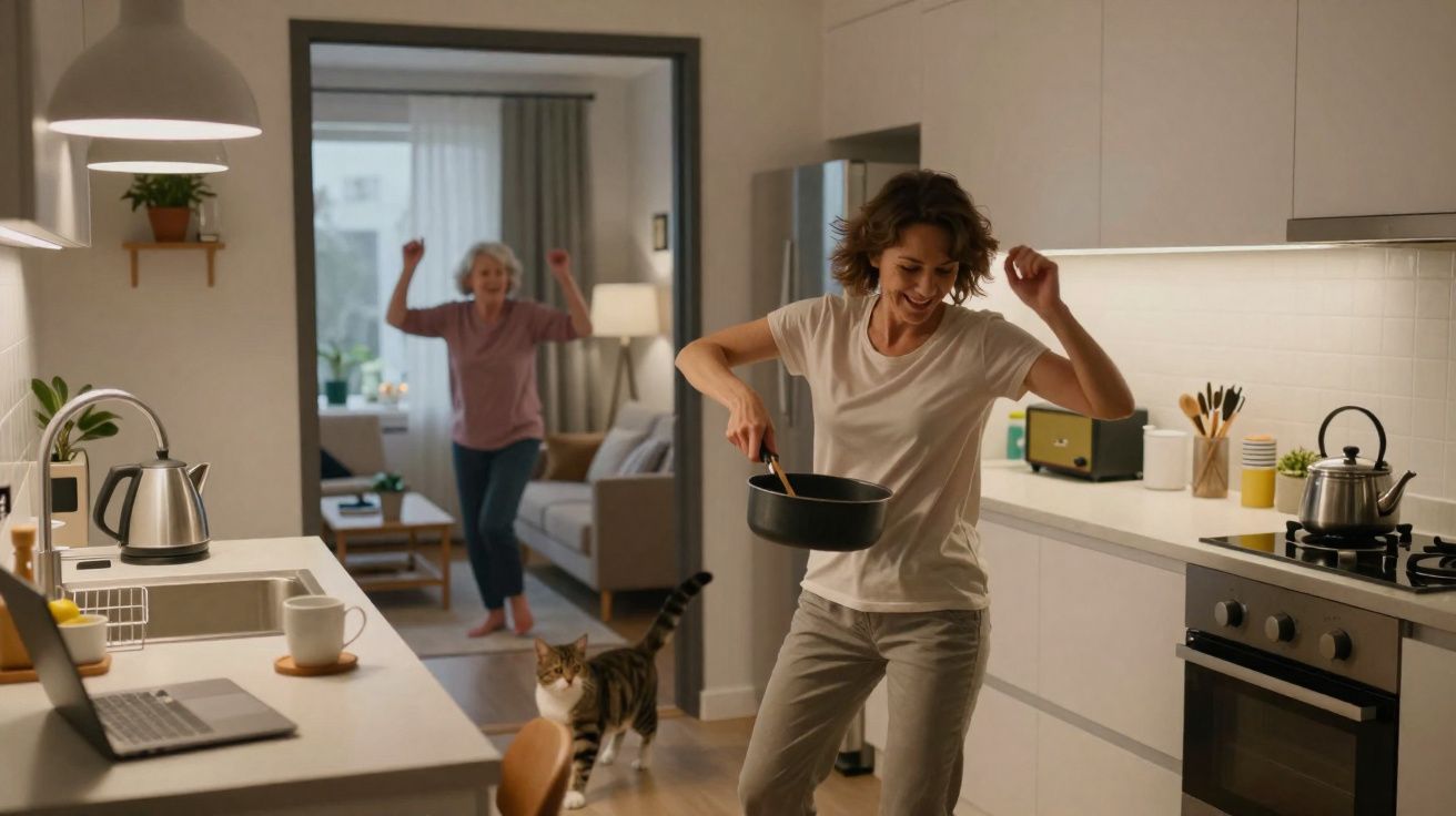 Mulher jovem dança na cozinha segurando panela, enquanto mulher idosa festeja ao fundo e gato caminha pelo corredor.