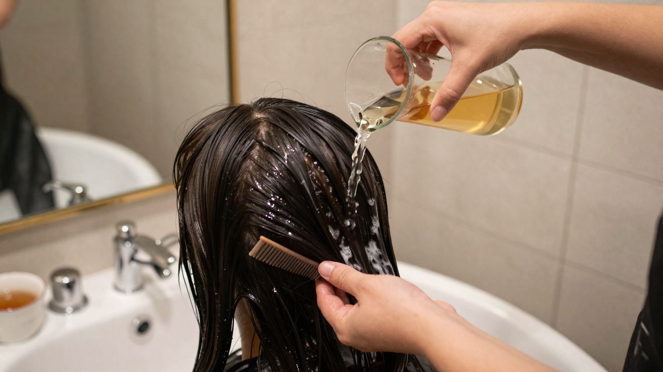 Pessoa penteando cabelo molhado enquanto aplica líquido amarelo no couro cabeludo sobre pia branca.