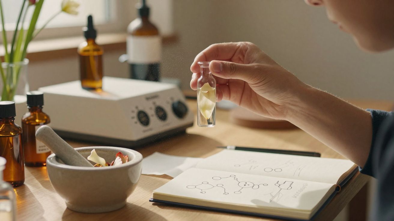 Pessoa segurando um frasco com flores secas sobre mesa com caderno, almofariz, frascos e equipamento de laboratório.