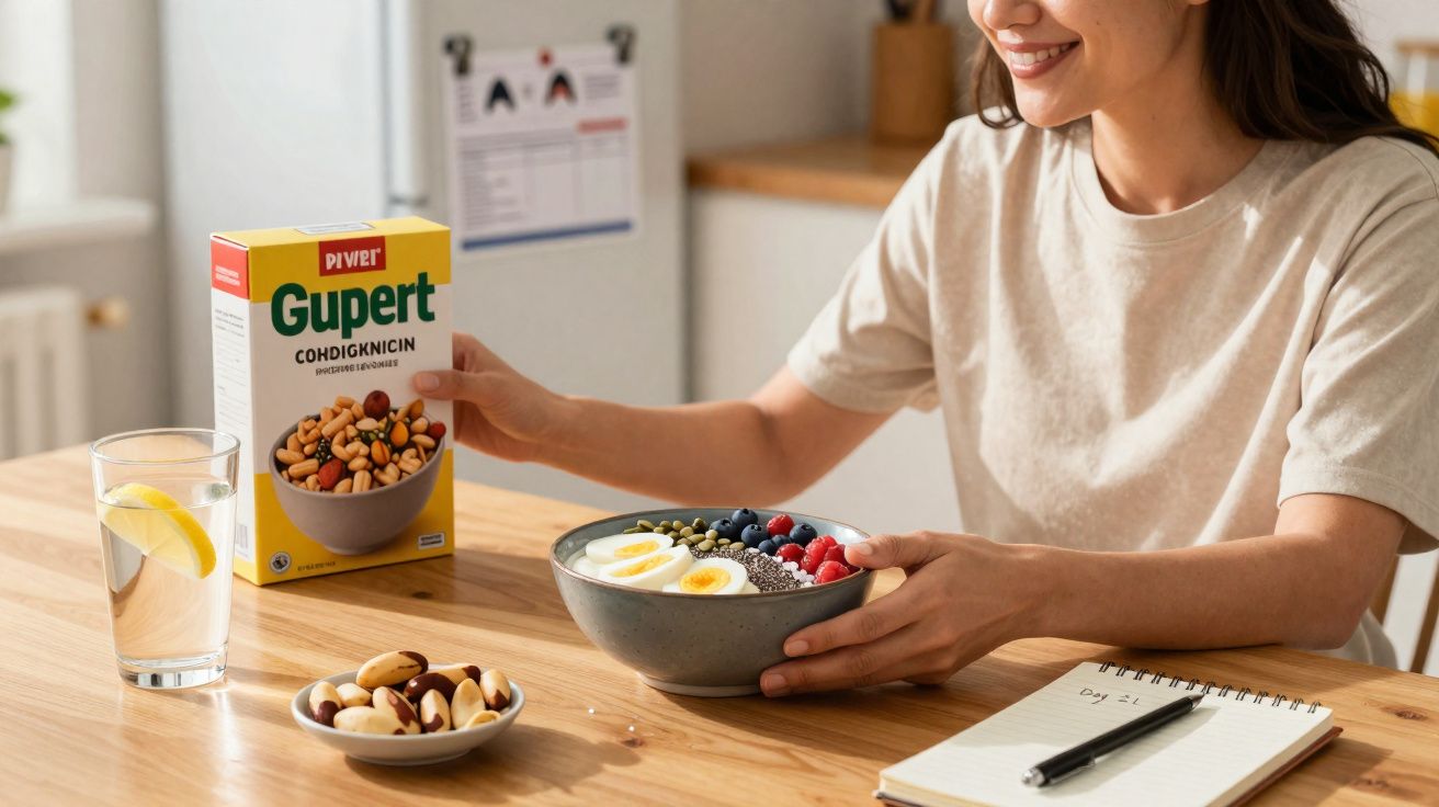 Mulher segurando tigela com ovos, frutas e sementes, caixa de cereal, copo de água e caderno sobre mesa.