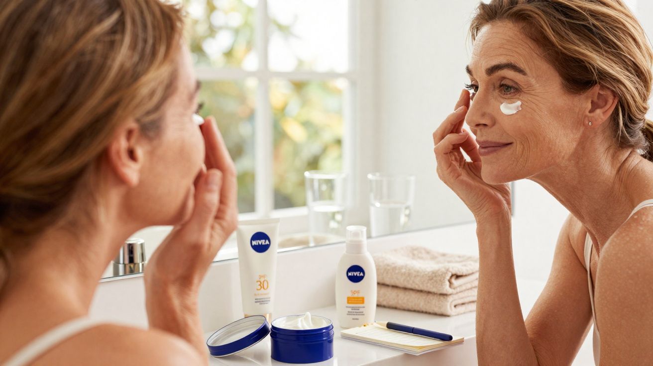 Mulher aplicando creme facial anti-idade ao lado de produtos Nivea na bancada do banheiro.