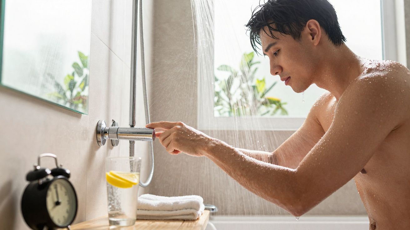 Homem ajustando o chuveiro enquanto toma banho em banheiro iluminado por janela.