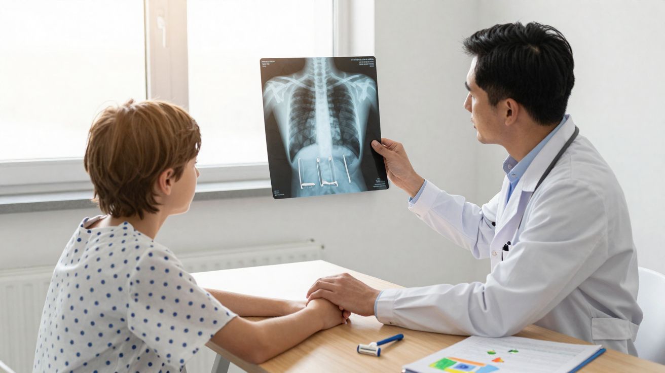 Médico mostra raio-x do tórax para um paciente jovem em consultório, ambos sentados à mesa.