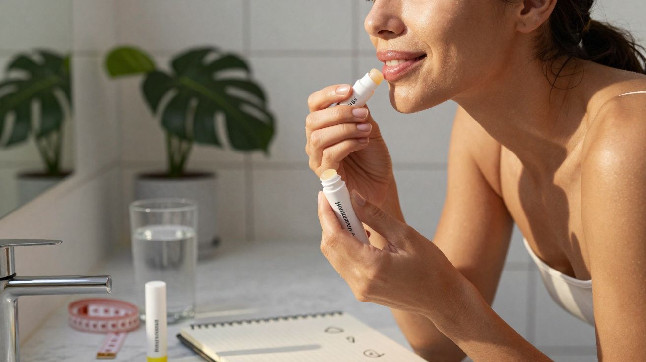 Mulher aplicando hidratante labial com espelho, planta, copo de água e caderno na bancada do banheiro.