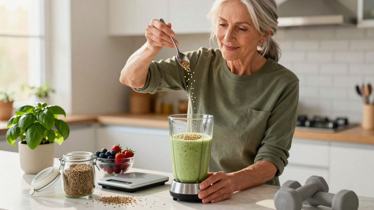 Mulher idosa adiciona sementes a smoothie verde em liquidificador na cozinha moderna.