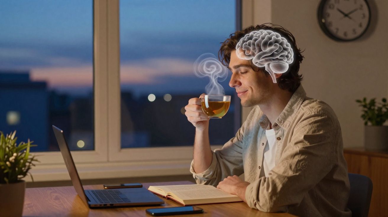 Homem sentado, lendo e bebendo chá, com ilustração de cérebro em destaque na cabeça.