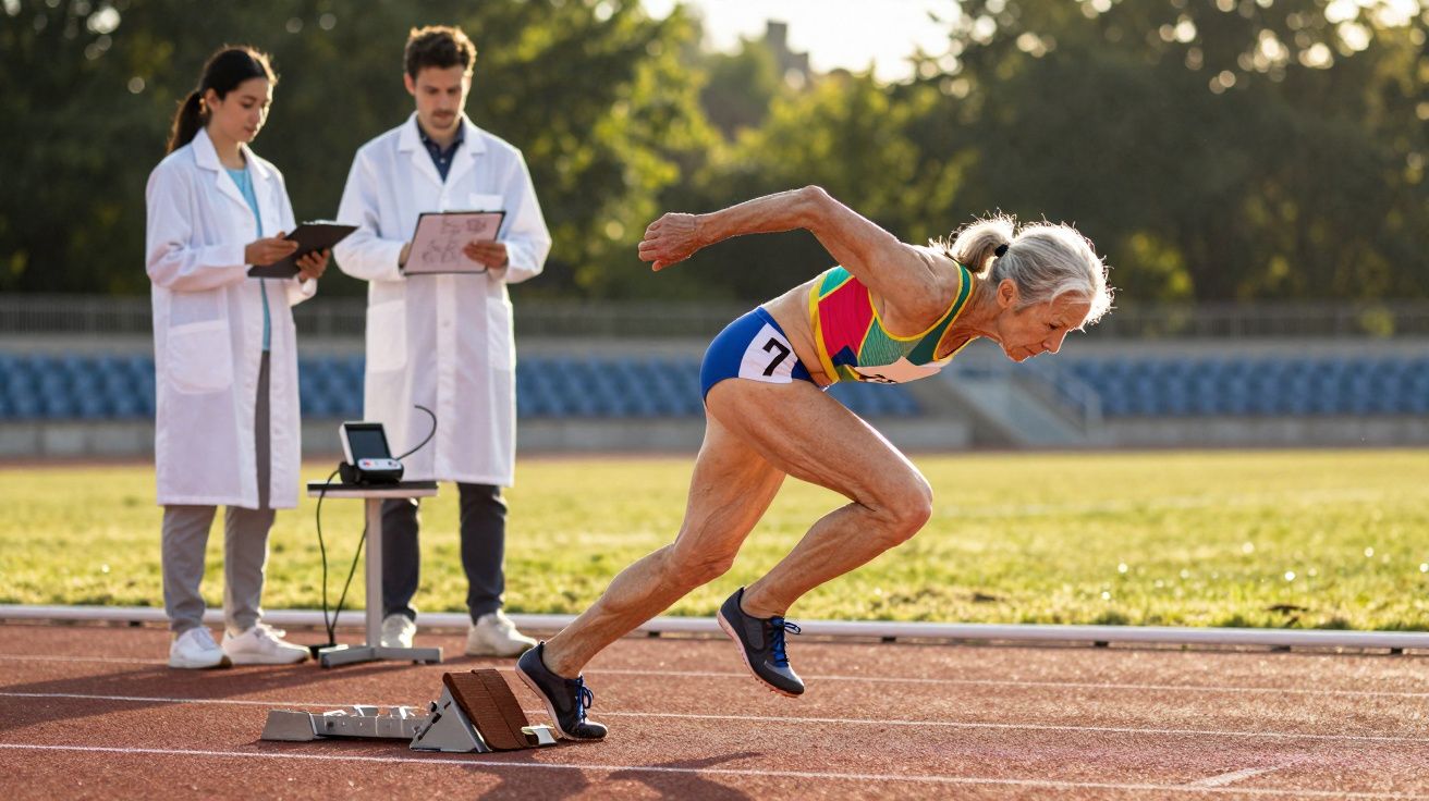 Mulher idosa em posição de largada na pista de atletismo com dois médicos observando e anotando dados.