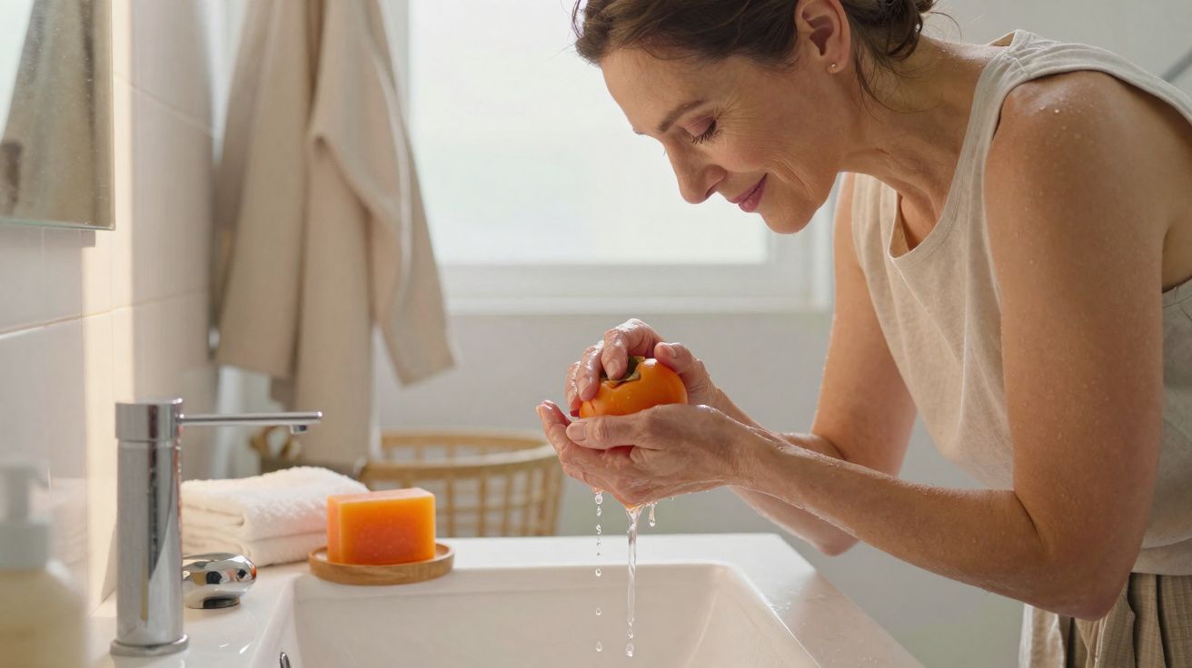 Mulher lavando uma romã em mãos sobre a pia em banheiro iluminado natural.