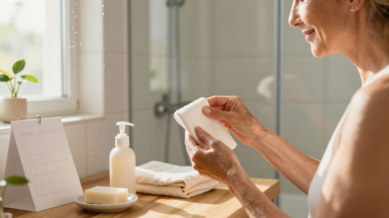 Mulher idosa lavando as mãos com sabonete em banheiro iluminado e organizado.