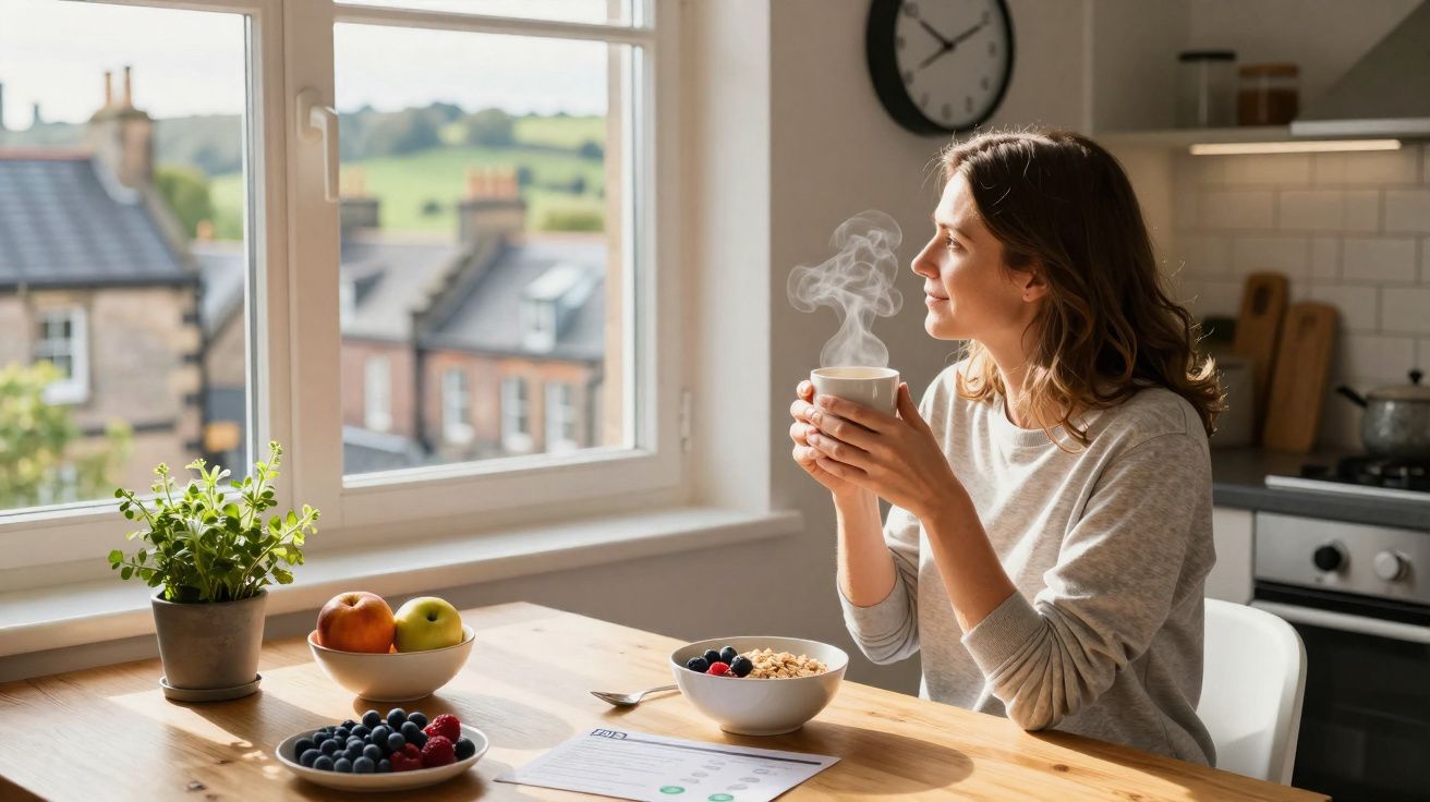 Mulher sentada à mesa na cozinha, segurando caneca com bebida quente e olhando pela janela.