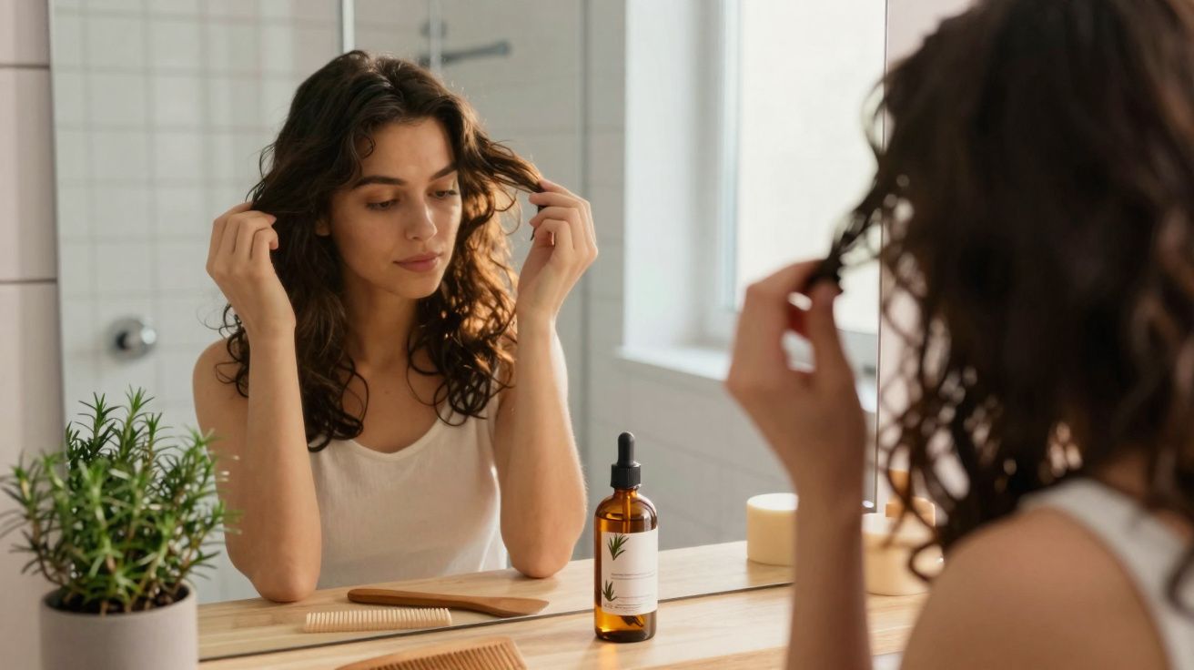 Mulher olhando o cabelo no espelho com produtos de cuidados capilares sobre a bancada do banheiro.
