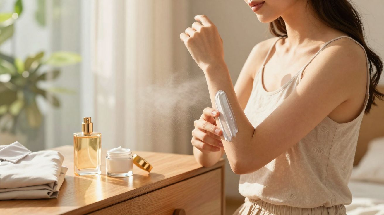 Mulher aplicando spray hidratante no braço em ambiente claro com perfumes e roupas sobre a mesa.