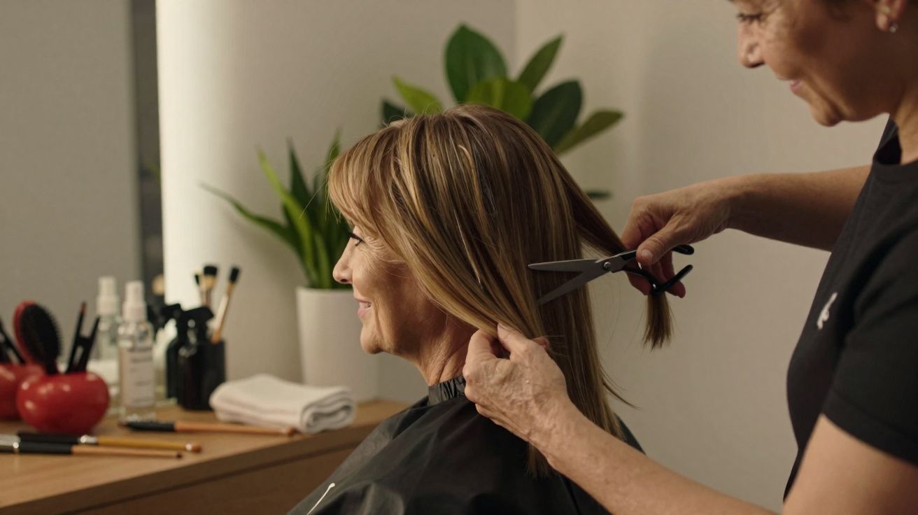 Pessoa corte de cabelo em salão com cabeleireira aparando mechas loiras em ambiente iluminado e decorado.