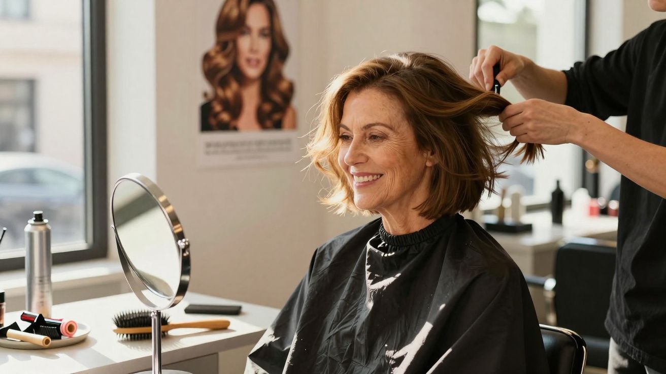 Mulher sorridente tendo cabelo cortado em salão de beleza com espelho e produtos ao redor.