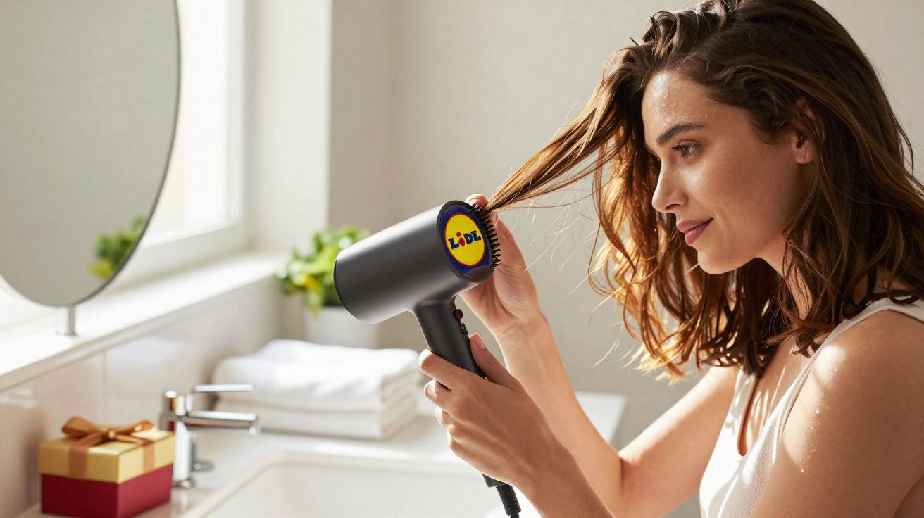 Mulher secando o cabelo com secador preto em banheiro iluminado, com espelho e toalhas ao fundo.
