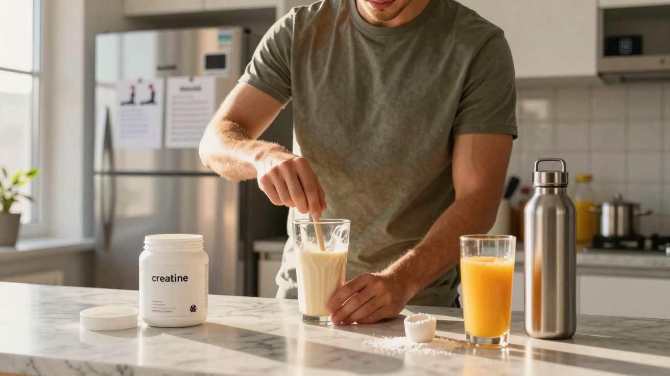Homem misturando suplemento de creatina em copo na cozinha com suco de laranja e garrafa térmica na bancada.