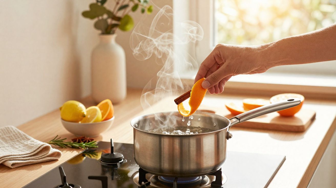 Mão espremendo casca de laranja em panela com água fervente em fogão, frutas e vaso ao fundo.