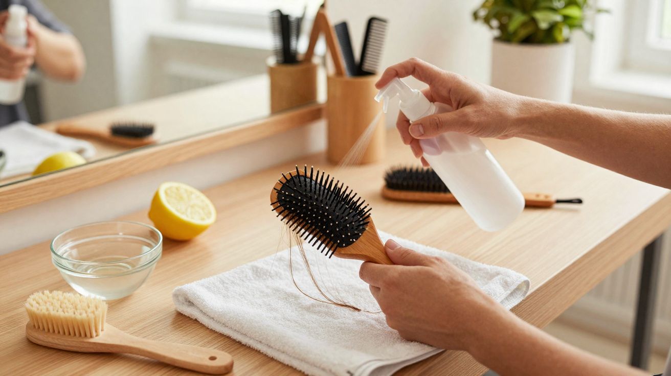 Pessoa borrifando solução em escova de cabelo com fios removidos sobre toalha em penteadeira.