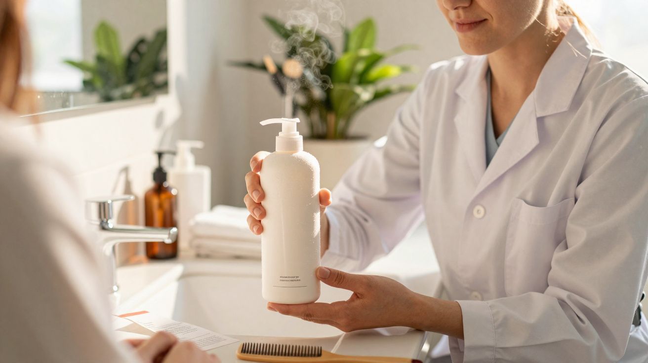 Profissional de saúde segurando frasco de sabonete líquido branco em banheiro claro com plantas ao fundo.