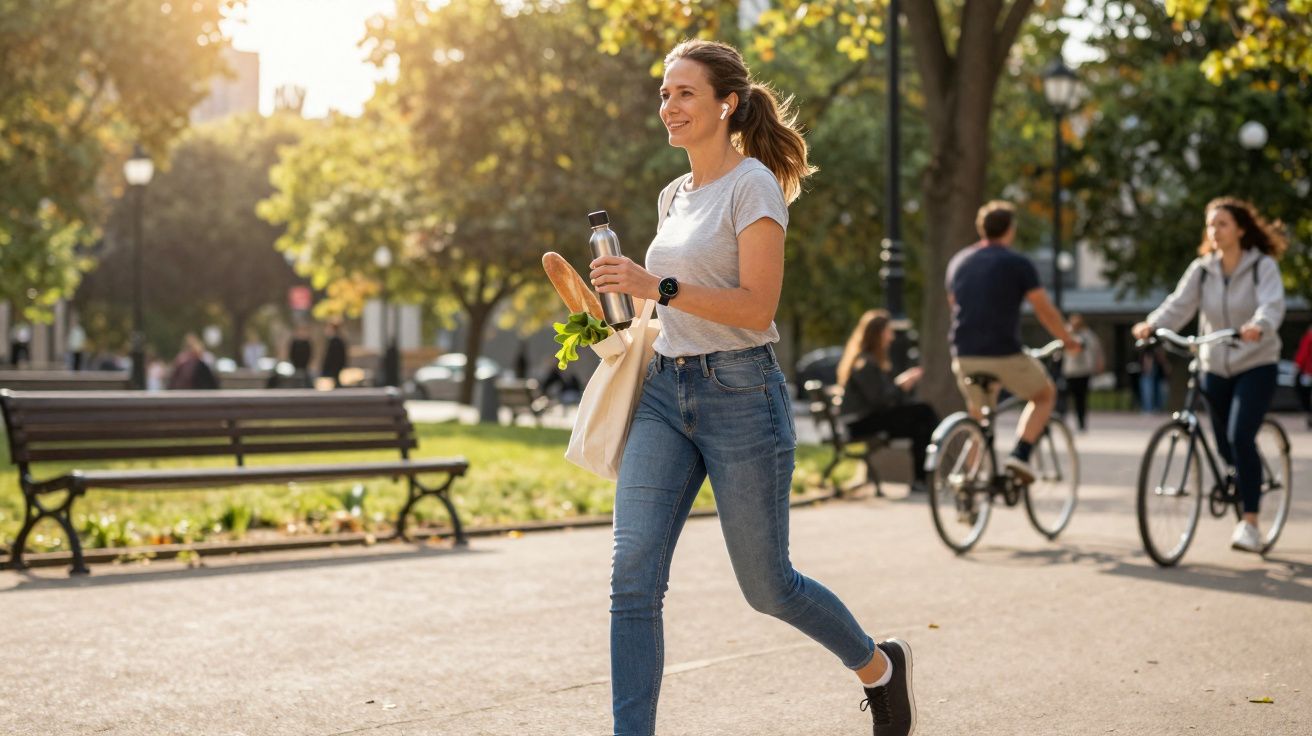 Mulher sorridente caminhando em parque ensolarado com sacola de compras e garrafa de água, bicicletas ao fundo.